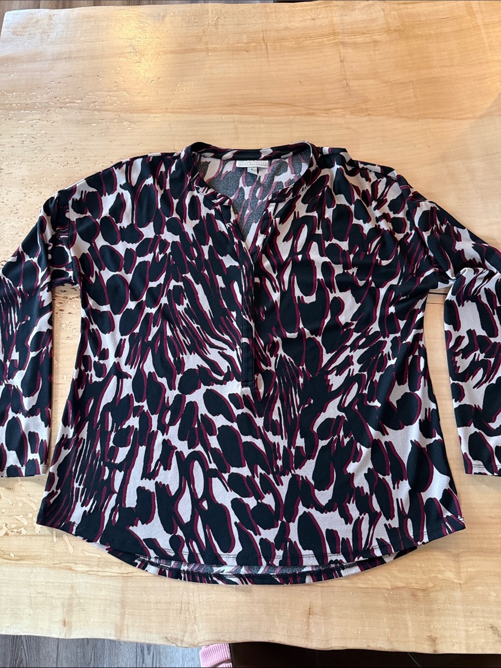 Dana Buchman Black and Burgundy Animal-Print V-Neck Blouse